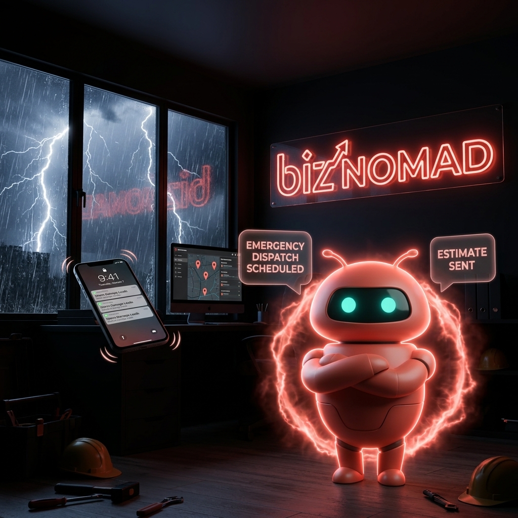 OpenClaw mascot confidently handling roofing leads in storm season